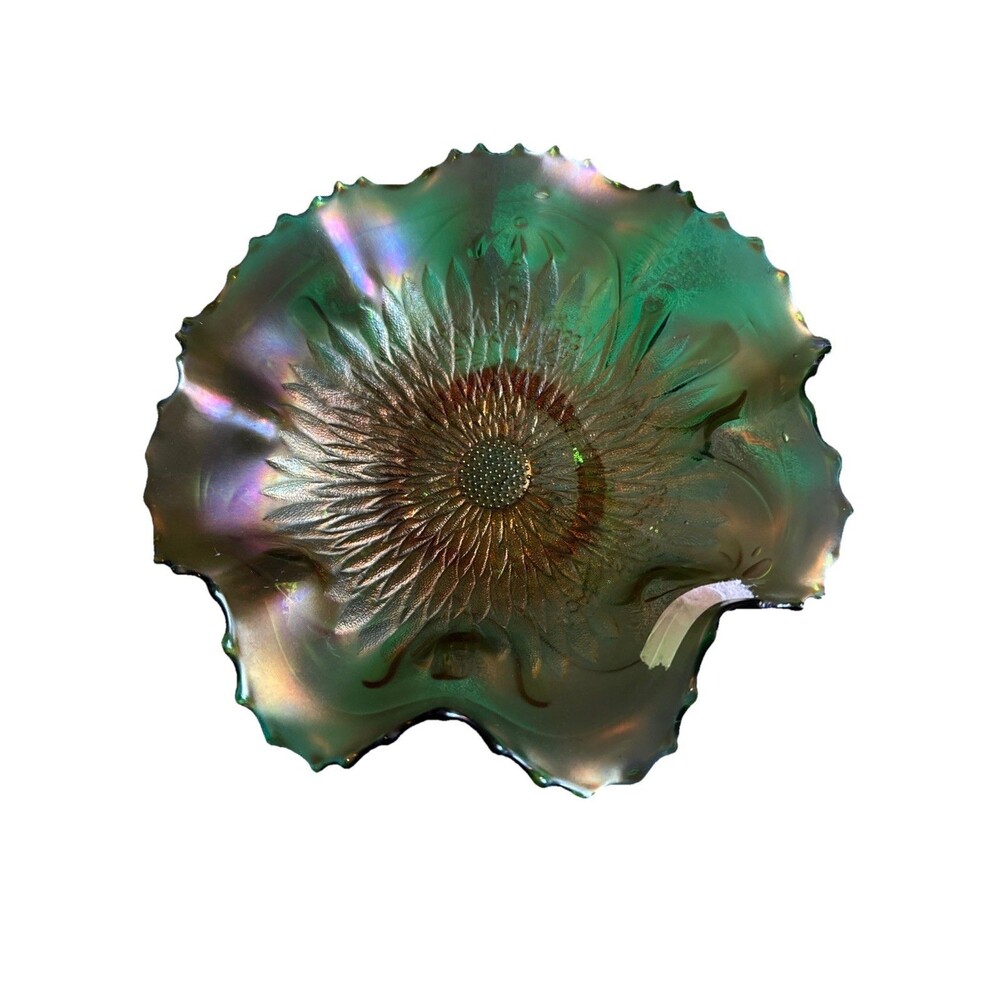Northwood Sunflower Green Carnival Glass Footed Bowl 9" W x 3" T